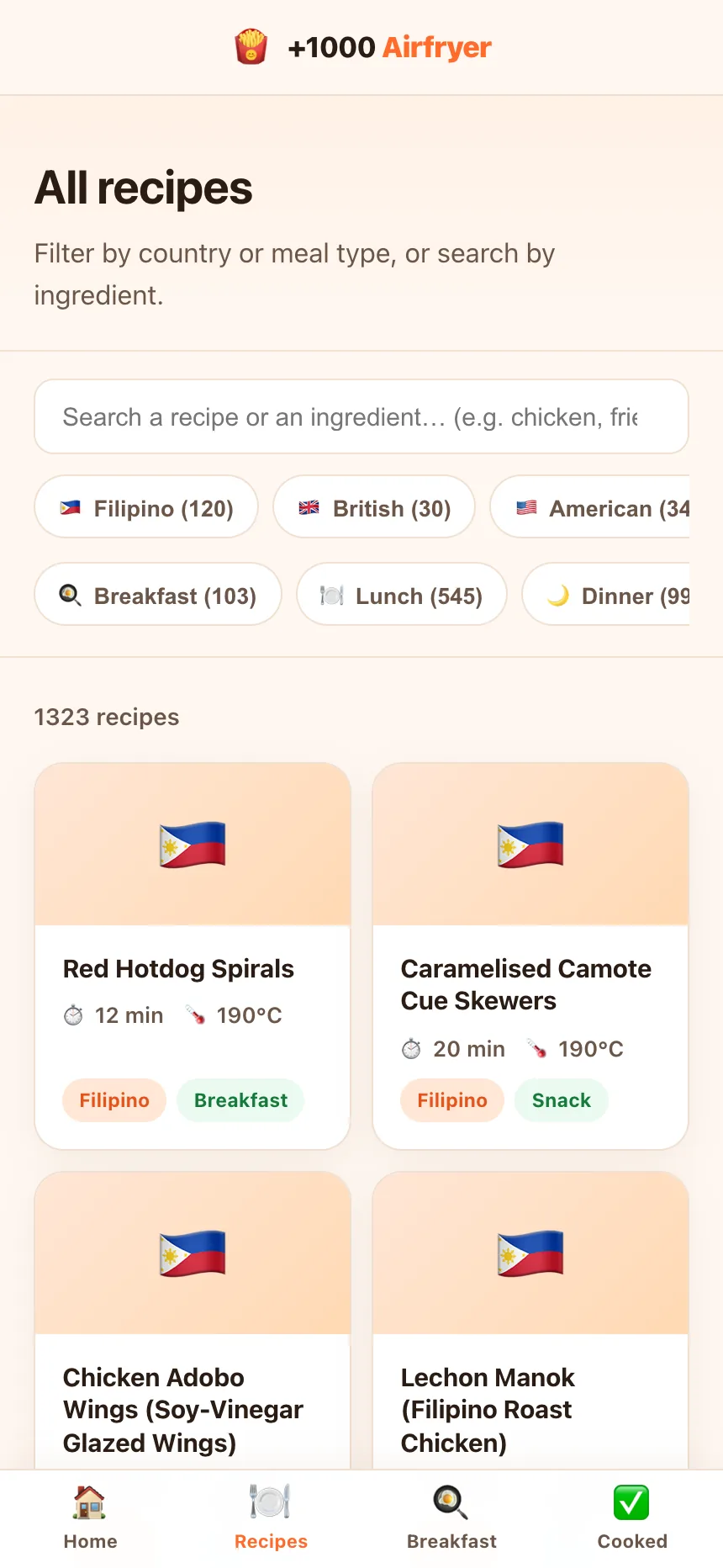 Recipe list with filters by cuisine and by meal