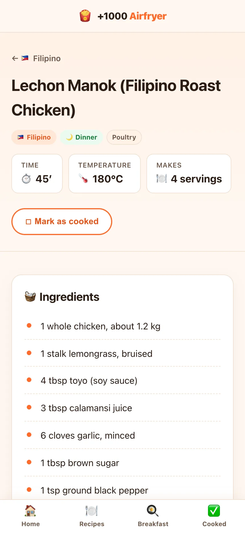 Recipe card with time, temperature, servings and ingredients