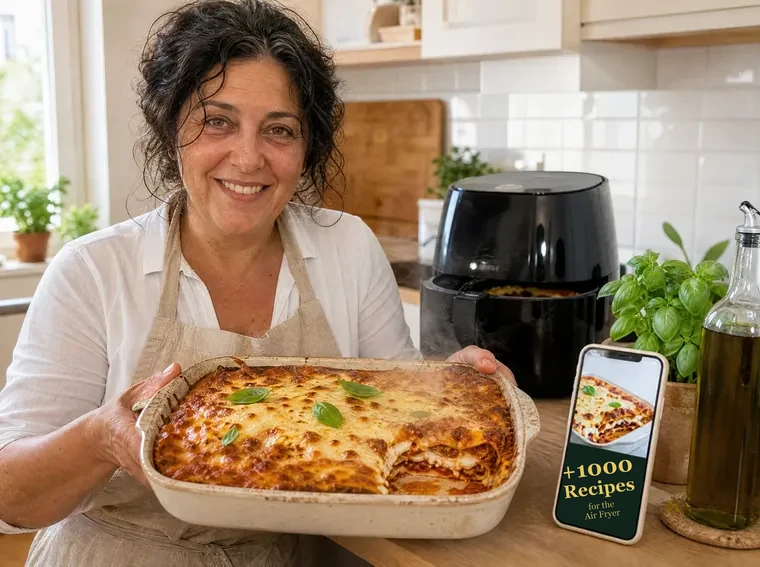 Chef Aurora with a dish fresh out of the air fryer and the cookbook on her phone